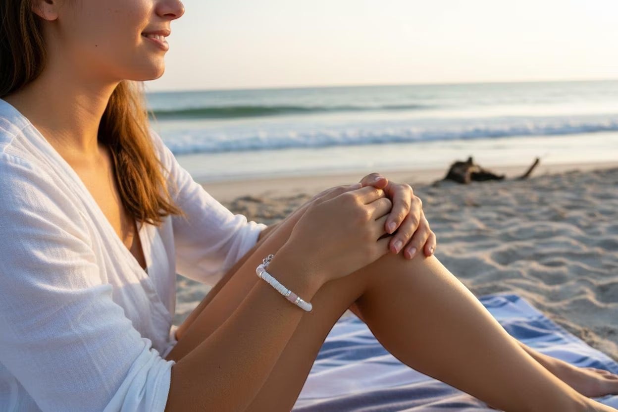 Sand and Sea handmade boho beach bracelet with rose quartz, white pukka shell, and silver beads.