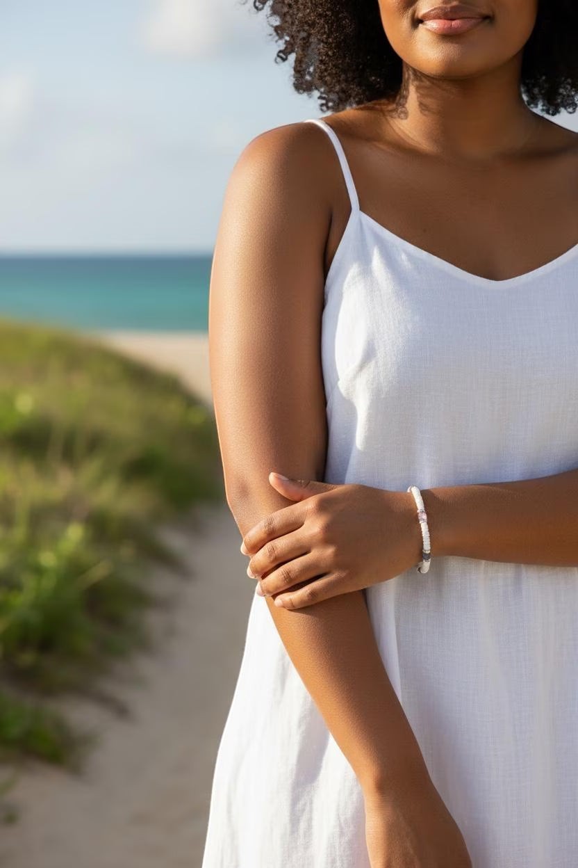 Sand and Sea handmade boho beach bracelet with rose quartz, white pukka shells, and silver beads.