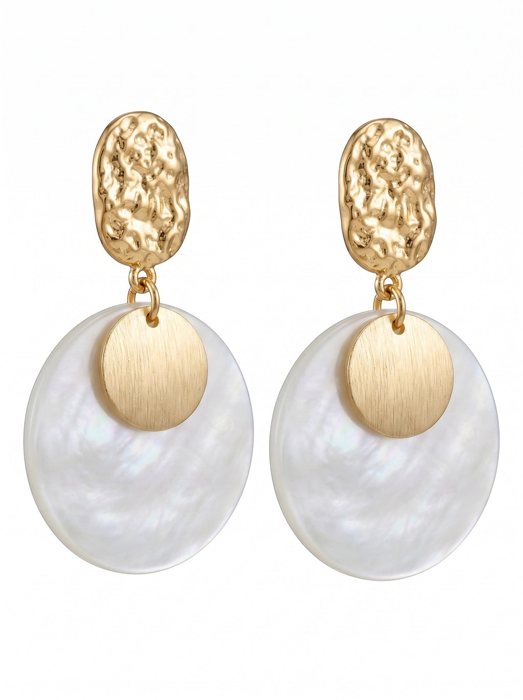 Sand and Sea white shell disc earrings with gold accent and textured gold top.