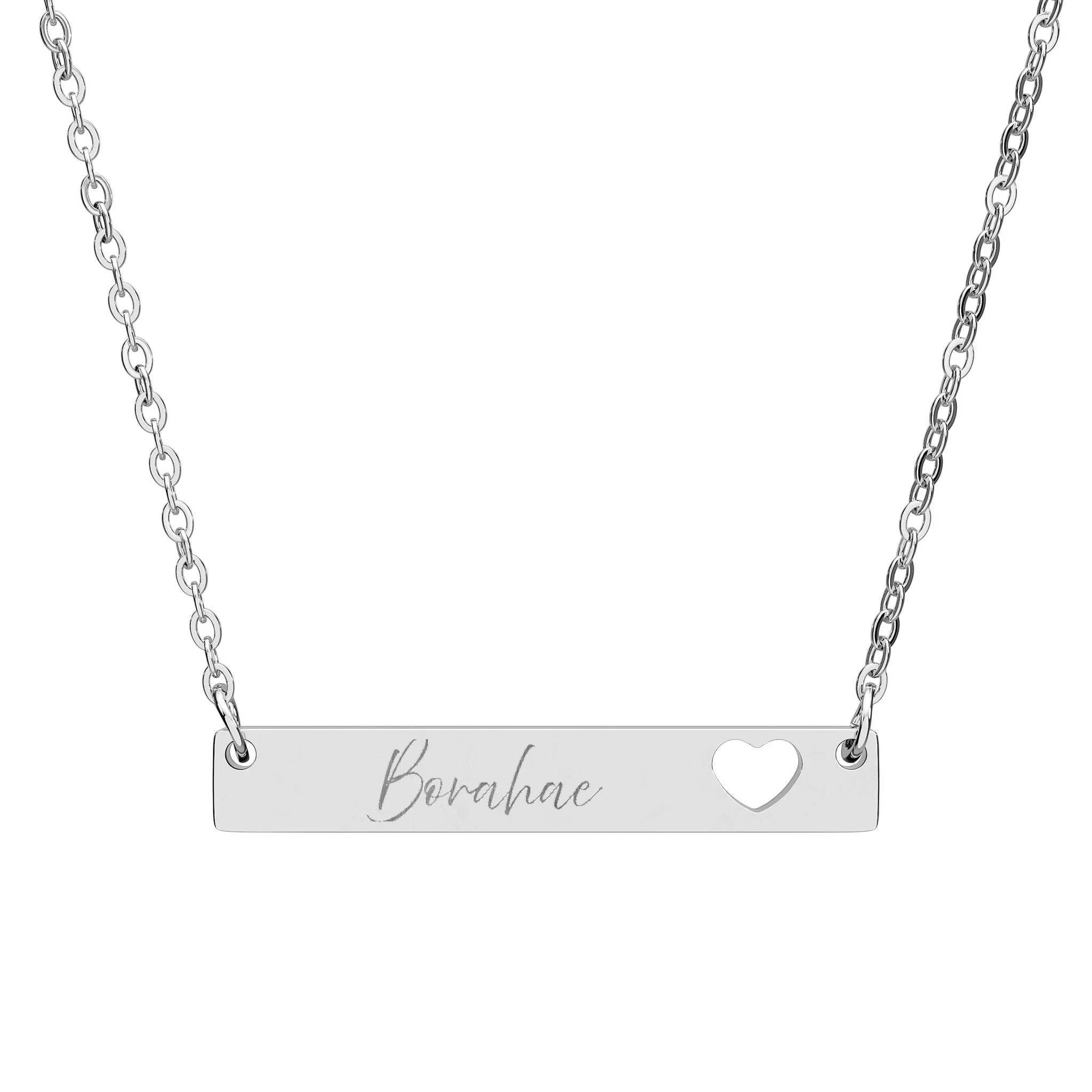 Sand and Sea silver bar necklace with cutout heart and "Borahae" engraving, made of stainless steel.