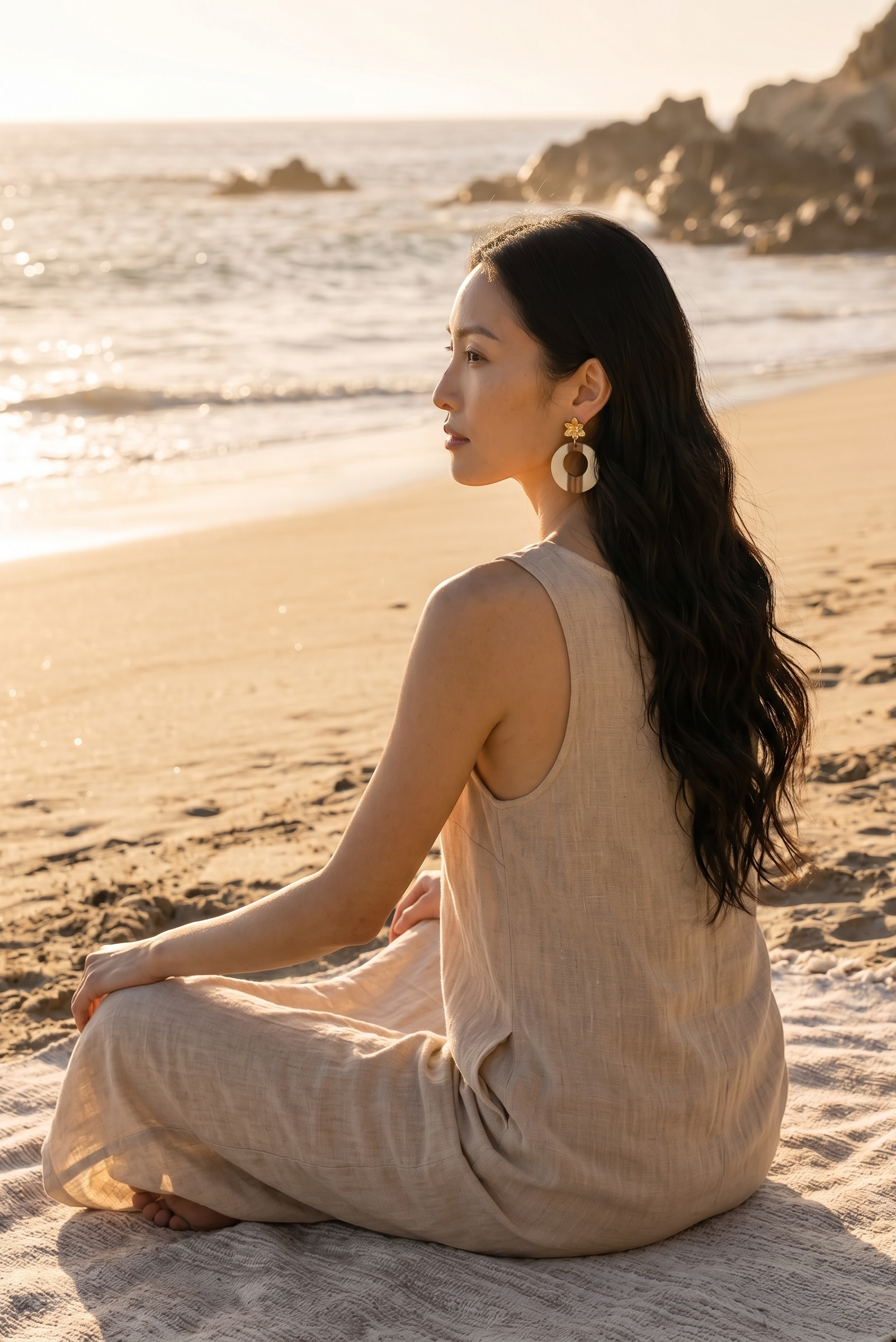 Sand and Sea statement hoop earrings with wood and white accents, featuring a floral stud. Model on beach.