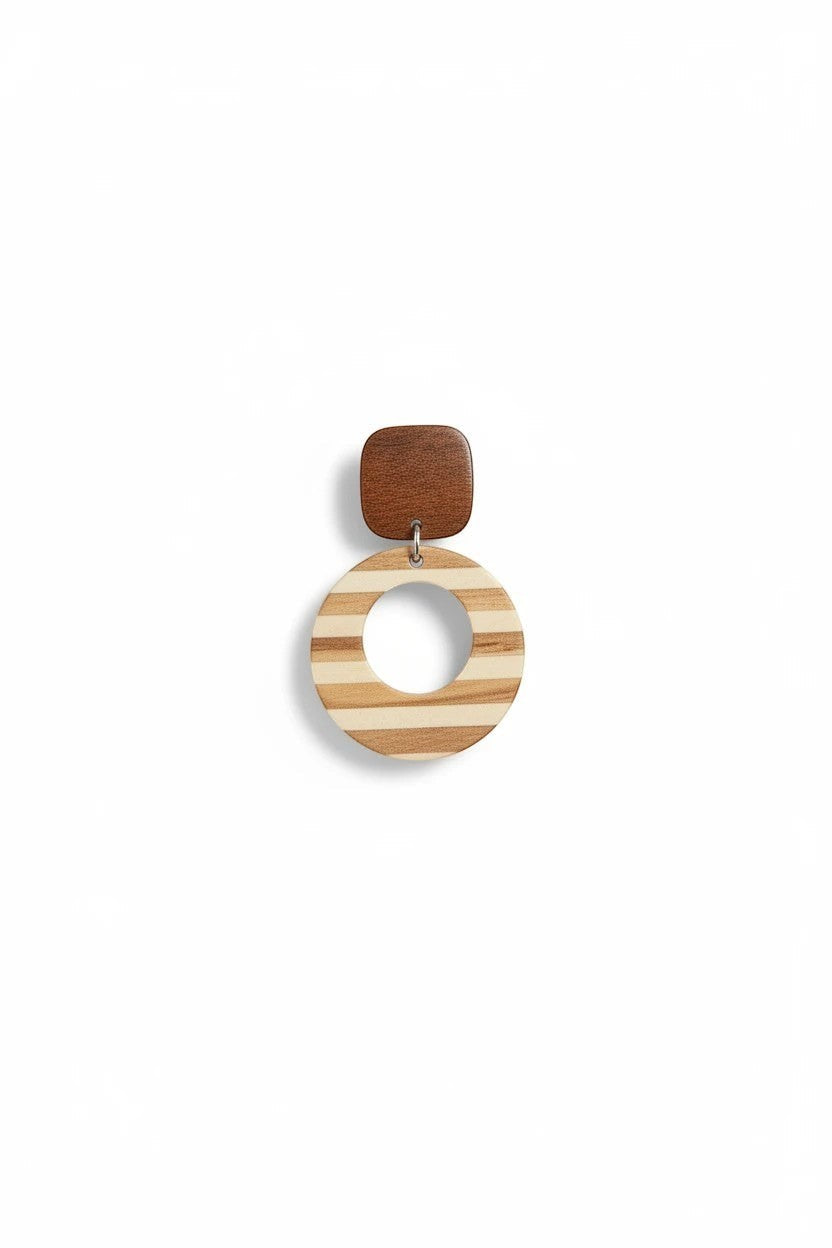 Sand and Sea wood resin hoop earrings with striped circular accent and square top.